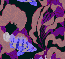 Load image into Gallery viewer, Puple and black rockfish and kelp giftwrap by Kate Blairstone
