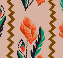 Load image into Gallery viewer, A folky, boho giftwrap in soft pinks with pops of red black and green by Kate Blairstone
