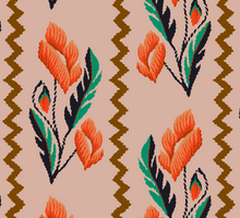 Load image into Gallery viewer, A folky, boho giftwrap in soft pinks with pops of red black and green by Kate Blairstone
