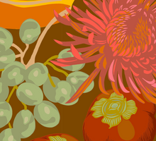 Load image into Gallery viewer, An oilcloth inspired giftwrap for fall and winter featuring chrysanthemums, bananas, persimmons and grapes by Kate Blairstone
