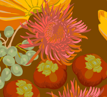 Load image into Gallery viewer, An oilcloth inspired giftwrap for fall and winter featuring chrysanthemums, bananas, persimmons and grapes by Kate Blairstone
