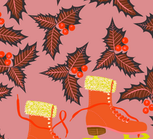 Load image into Gallery viewer, A holiday christmas giftwrap with vintage ice skates and holly by Kate Blairstone
