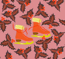 Load image into Gallery viewer, A holiday christmas giftwrap with vintage ice skates and holly by Kate Blairstone

